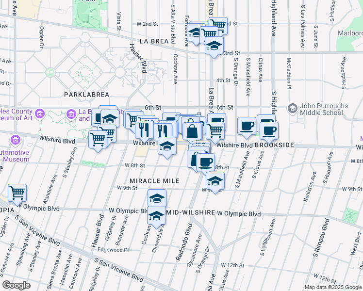 map of restaurants, bars, coffee shops, grocery stores, and more near 5410 Wilshire Boulevard in Los Angeles