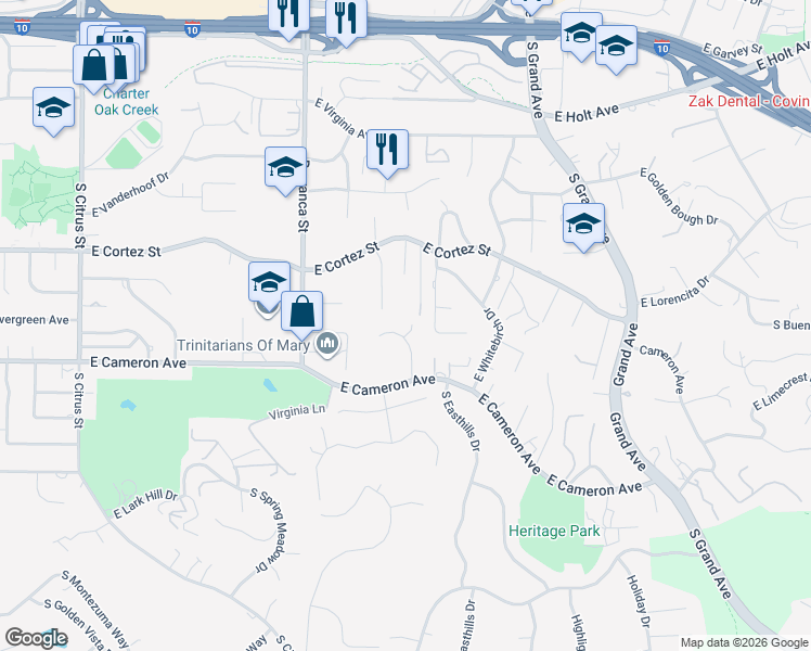 map of restaurants, bars, coffee shops, grocery stores, and more near 720 South Prospero Drive in West Covina
