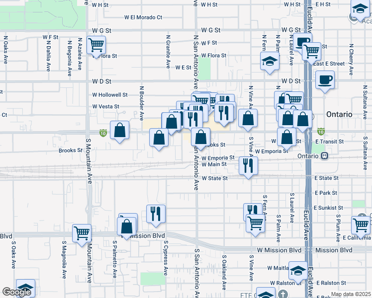 map of restaurants, bars, coffee shops, grocery stores, and more near 141 South Cypress Avenue in Ontario