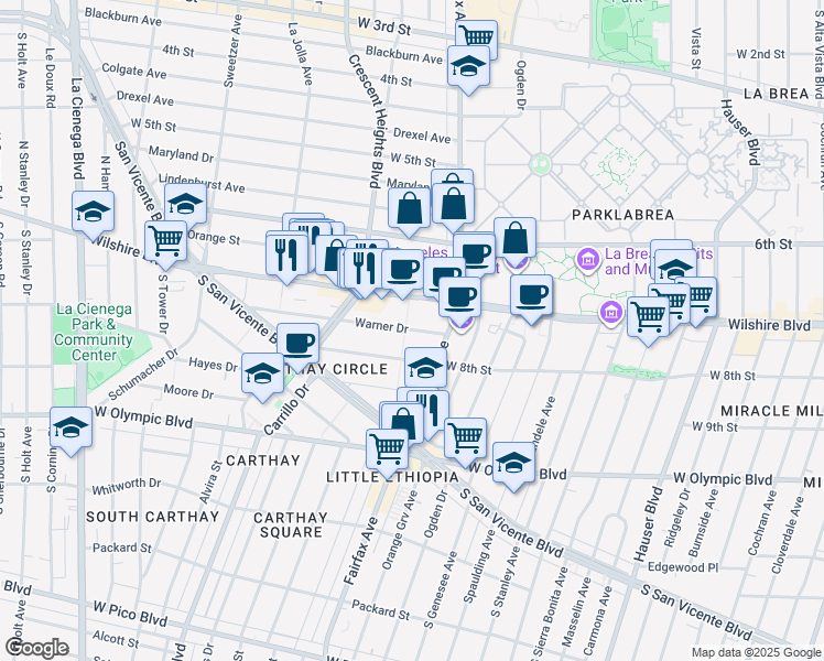 map of restaurants, bars, coffee shops, grocery stores, and more near 6132 San Diego Way in Los Angeles