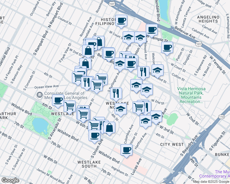 map of restaurants, bars, coffee shops, grocery stores, and more near 267 South Union Avenue in Los Angeles
