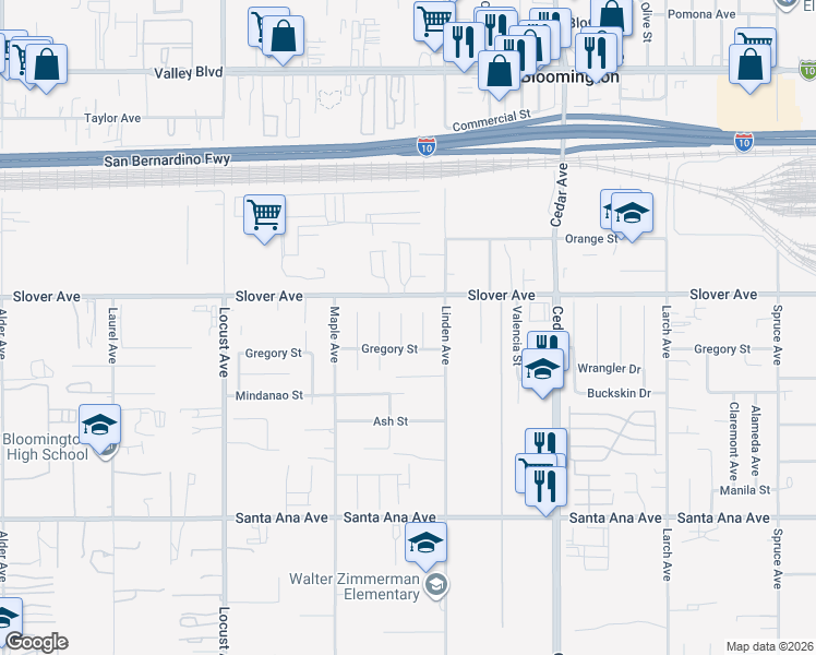 map of restaurants, bars, coffee shops, grocery stores, and more near 10555 Elm Avenue in Bloomington