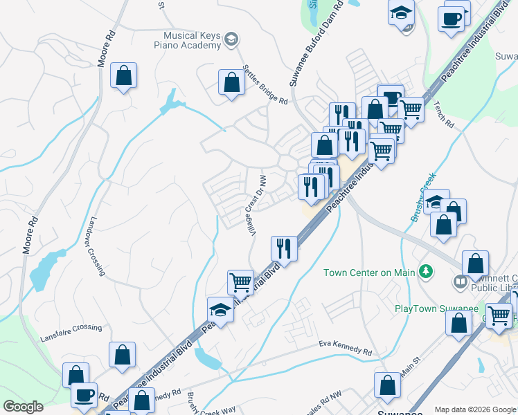 map of restaurants, bars, coffee shops, grocery stores, and more near 790 Village Field Court Northwest in Suwanee