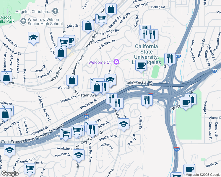 map of restaurants, bars, coffee shops, grocery stores, and more near 1800 Paseo Rancho Castilla in Los Angeles