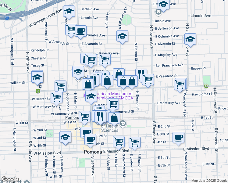map of restaurants, bars, coffee shops, grocery stores, and more near 250 East Holt Avenue in Pomona