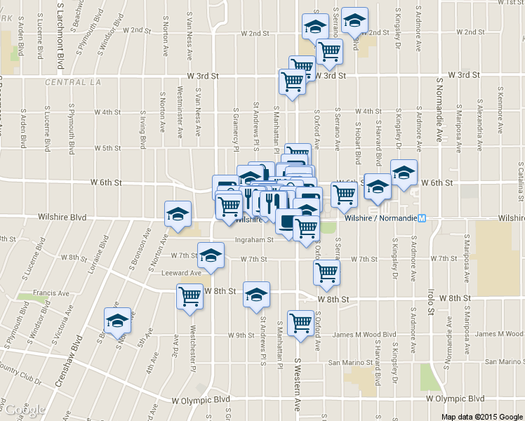 map of restaurants, bars, coffee shops, grocery stores, and more near 3875 Wilshire Blvd in Los Angeles