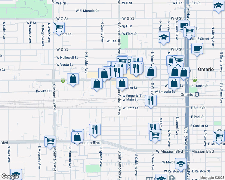 map of restaurants, bars, coffee shops, grocery stores, and more near 141 South Cypress Avenue in Ontario