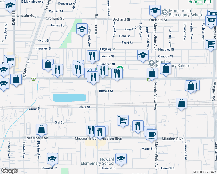 map of restaurants, bars, coffee shops, grocery stores, and more near 4575 Holt Boulevard in Montclair