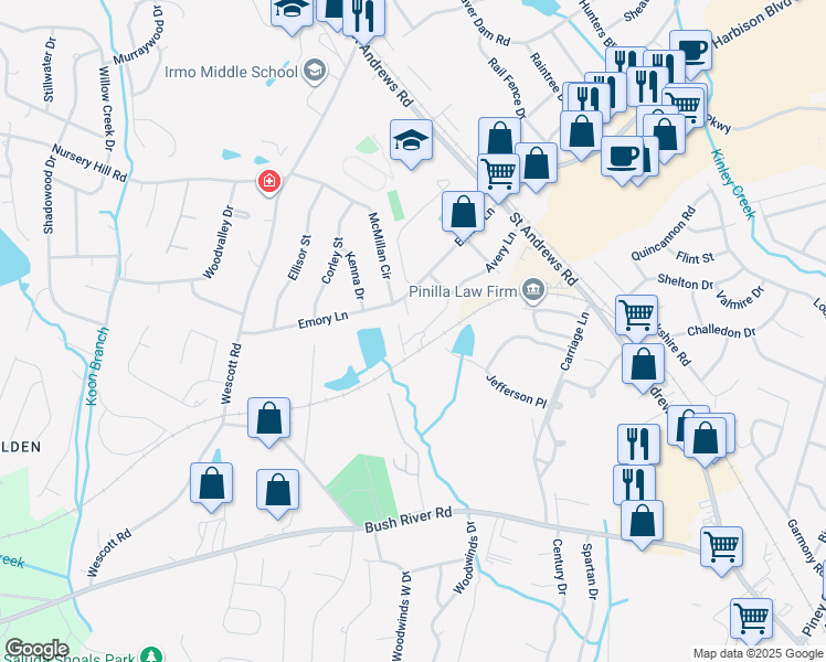 map of restaurants, bars, coffee shops, grocery stores, and more near 336 Avery Place Drive in Columbia