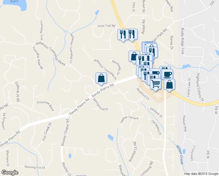 map of restaurants, bars, coffee shops, grocery stores, and more near 4194 Longview Cove in Roswell