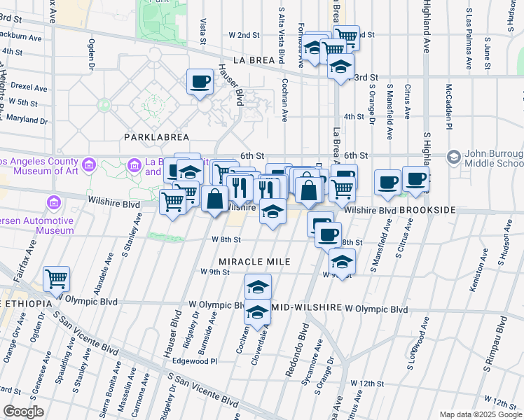 map of restaurants, bars, coffee shops, grocery stores, and more near 5500 Wilshire Boulevard in Los Angeles