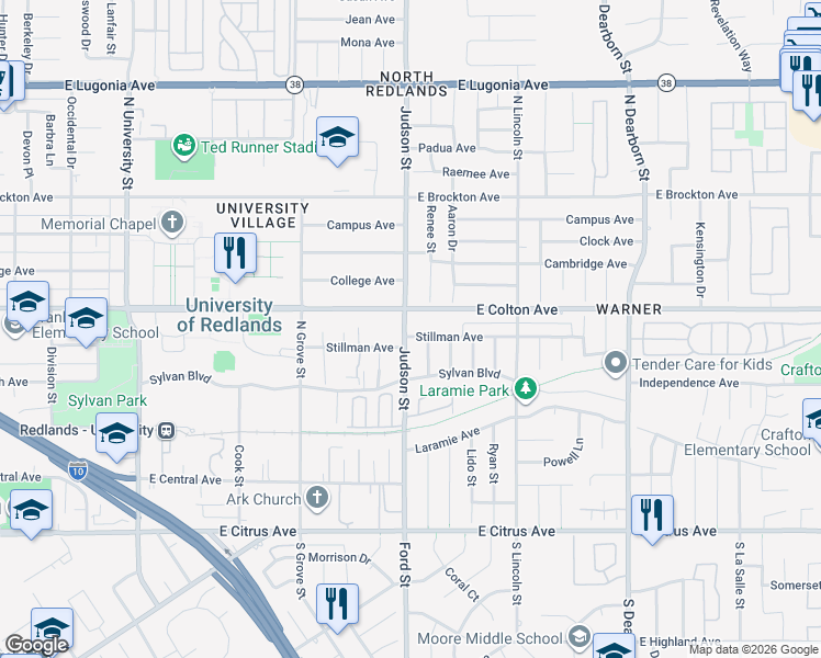 map of restaurants, bars, coffee shops, grocery stores, and more near 1403 Stillman Avenue in Redlands