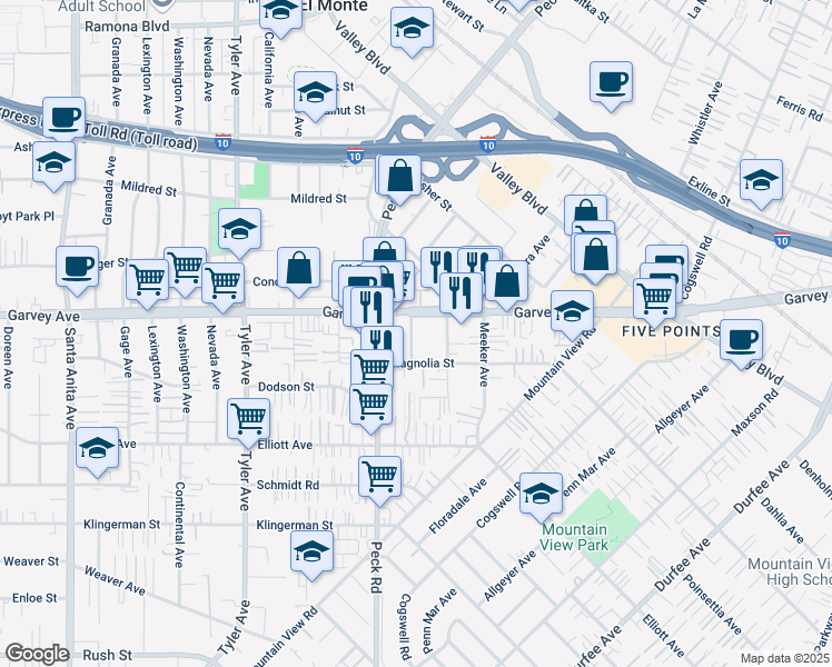map of restaurants, bars, coffee shops, grocery stores, and more near 11400 Garvey Avenue in El Monte