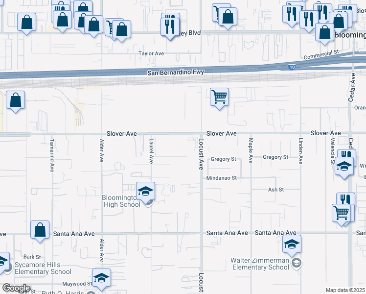 map of restaurants, bars, coffee shops, grocery stores, and more near 18025 Slover Avenue in Bloomington