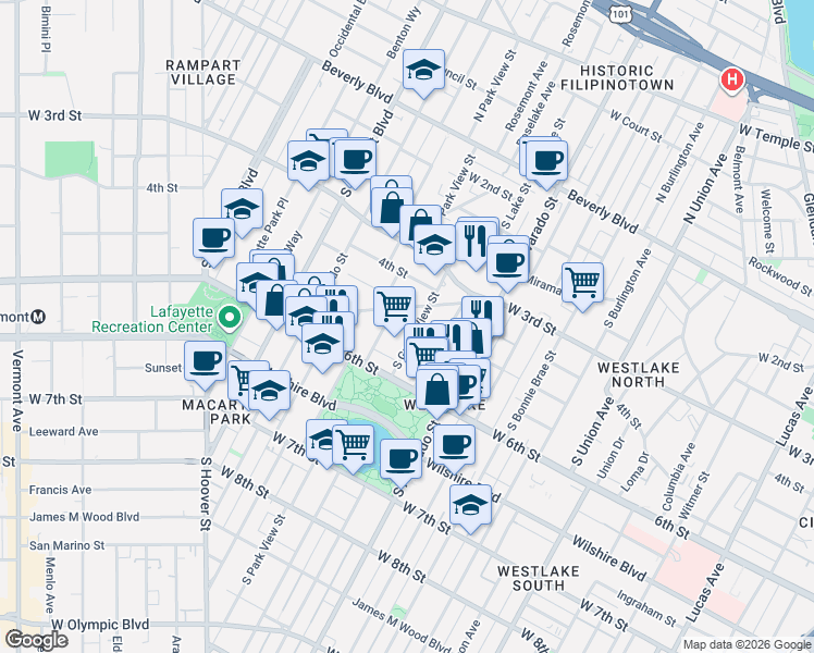 map of restaurants, bars, coffee shops, grocery stores, and more near 427 South Grand View Street in Los Angeles