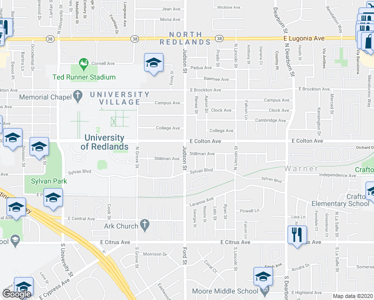 map of restaurants, bars, coffee shops, grocery stores, and more near 1403 Stillman Avenue in Redlands