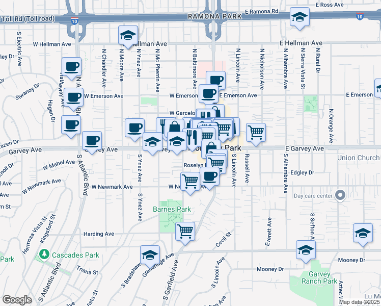 map of restaurants, bars, coffee shops, grocery stores, and more near 220 West Garvey Avenue in Monterey Park