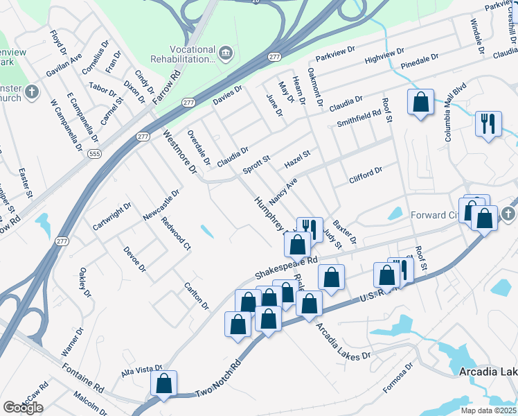 map of restaurants, bars, coffee shops, grocery stores, and more near 3703 Humphrey Drive in Columbia