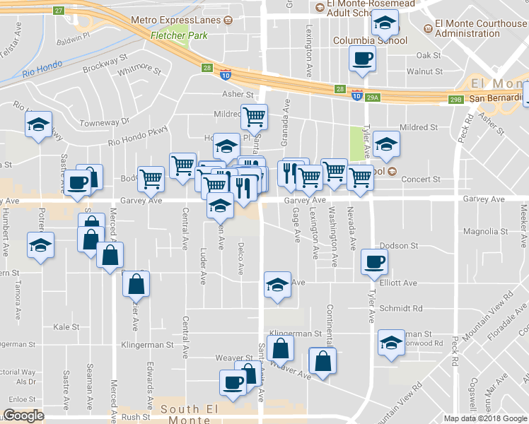 map of restaurants, bars, coffee shops, grocery stores, and more near 2740 Santa Anita Avenue in El Monte