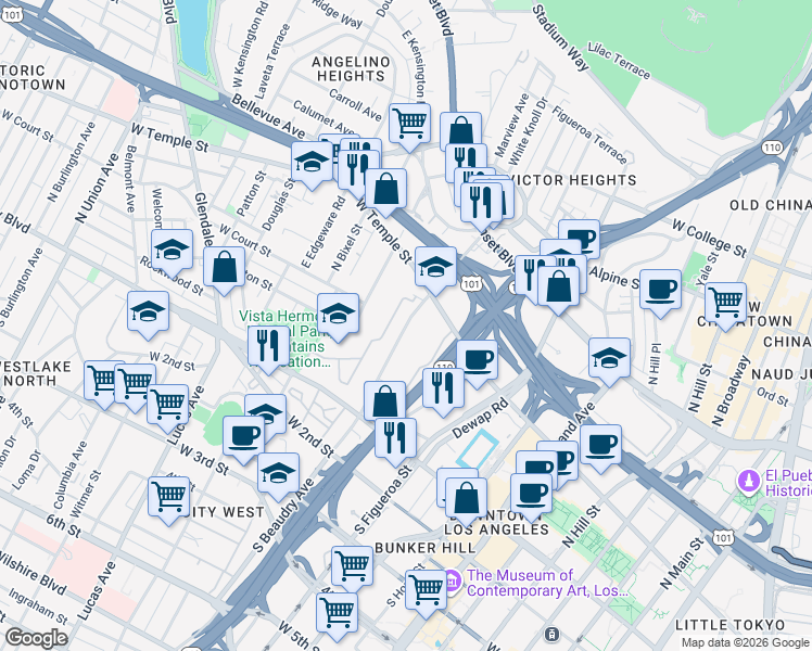 map of restaurants, bars, coffee shops, grocery stores, and more near 300 North Beaudry Avenue in Los Angeles