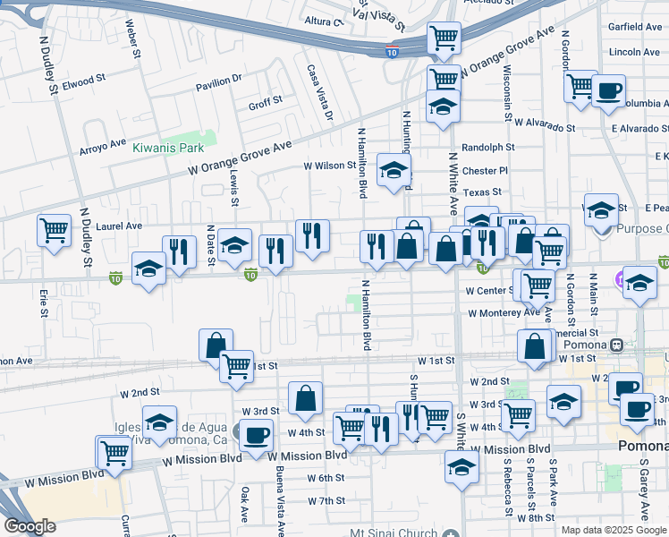 map of restaurants, bars, coffee shops, grocery stores, and more near 857 West Holt Avenue in Pomona