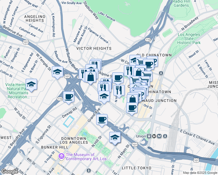 map of restaurants, bars, coffee shops, grocery stores, and more near 659 North Grand Avenue in Los Angeles