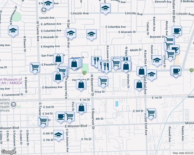 map of restaurants, bars, coffee shops, grocery stores, and more near 933 East Hawthorne Place in Pomona