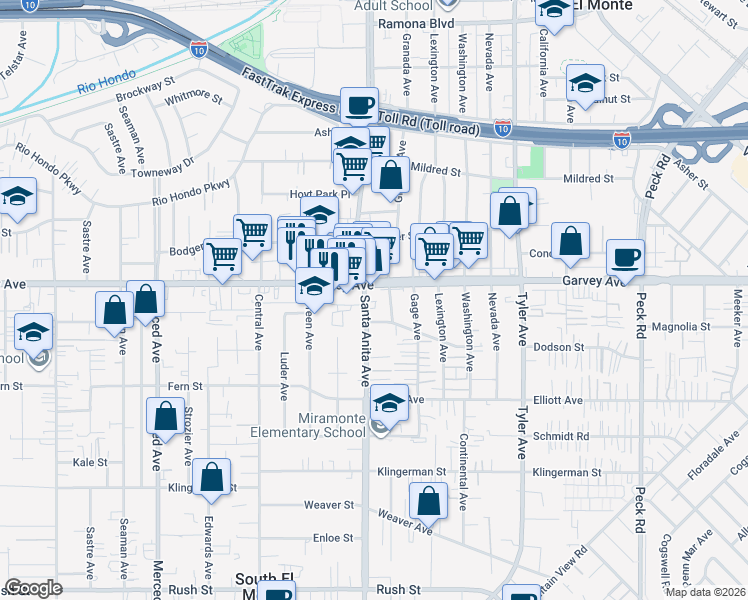 map of restaurants, bars, coffee shops, grocery stores, and more near 2740 Santa Anita Avenue in El Monte