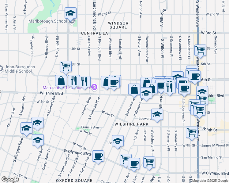 map of restaurants, bars, coffee shops, grocery stores, and more near 4322 Wilshire Boulevard in Los Angeles