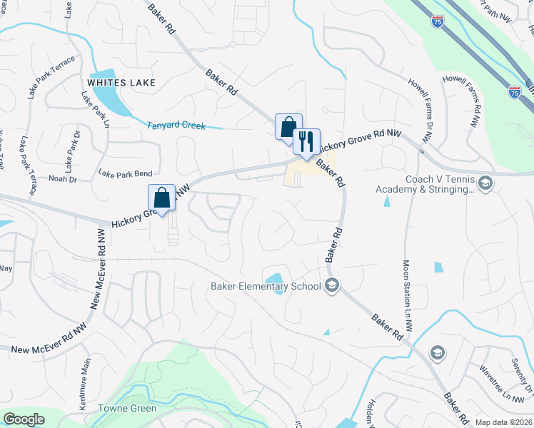 map of restaurants, bars, coffee shops, grocery stores, and more near 4487 Thorngate Lane in Kennesaw