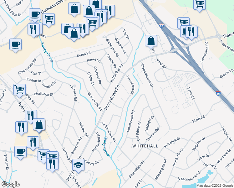 map of restaurants, bars, coffee shops, grocery stores, and more near 261 Piney Grove Road in Columbia
