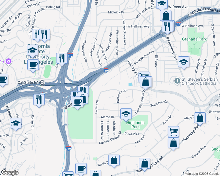 map of restaurants, bars, coffee shops, grocery stores, and more near 131 Ladera Street in Monterey Park