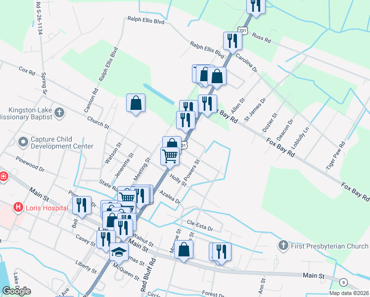 map of restaurants, bars, coffee shops, grocery stores, and more near 5206 Broad Street in Loris