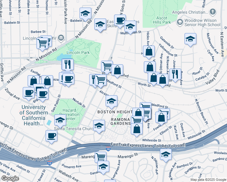 map of restaurants, bars, coffee shops, grocery stores, and more near 1641 Tremont Street in Los Angeles