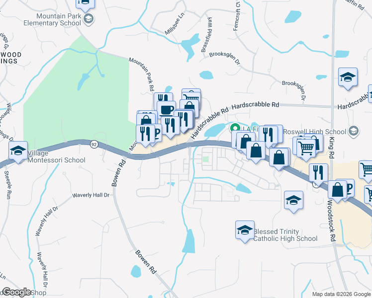 map of restaurants, bars, coffee shops, grocery stores, and more near 1120 Woodstock Rd in Roswell