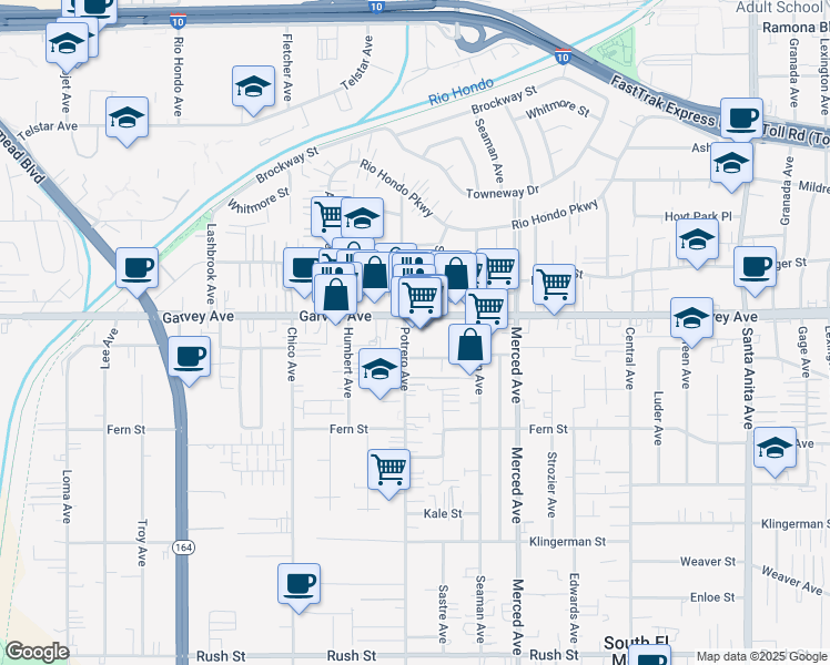 map of restaurants, bars, coffee shops, grocery stores, and more near 2737 Potrero Avenue in El Monte