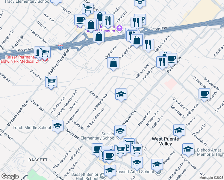 map of restaurants, bars, coffee shops, grocery stores, and more near 1202 Le Borgne Avenue in La Puente
