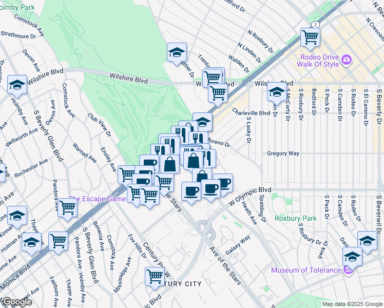 map of restaurants, bars, coffee shops, grocery stores, and more near 1880 Century Park East in Los Angeles