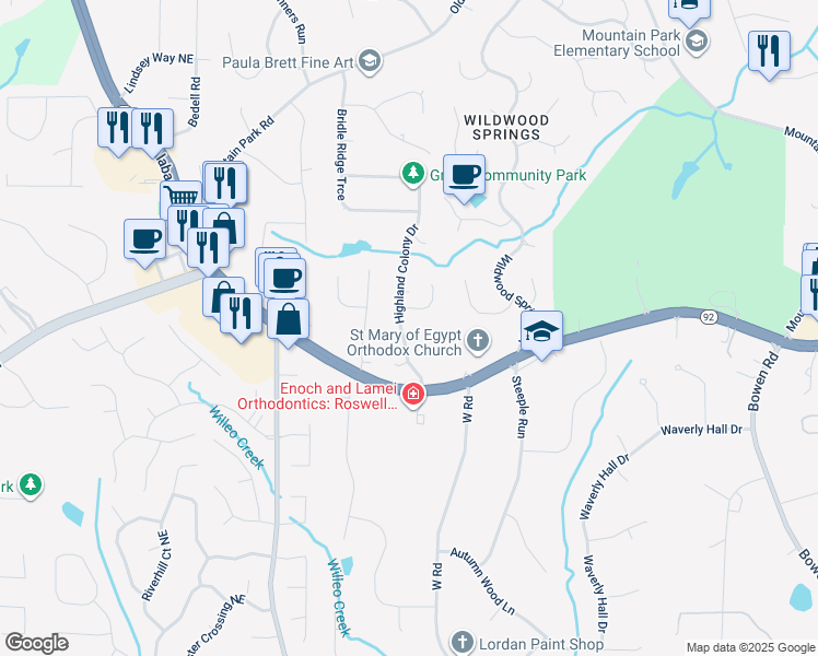 map of restaurants, bars, coffee shops, grocery stores, and more near 11635 Highland Colony Drive in Roswell