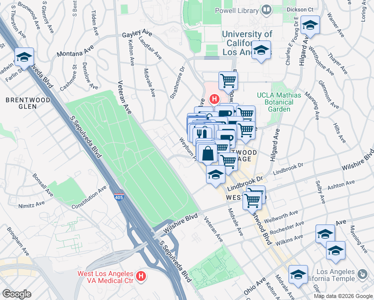 map of restaurants, bars, coffee shops, grocery stores, and more near 925 Weyburn Place in Los Angeles