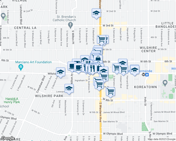 map of restaurants, bars, coffee shops, grocery stores, and more near 640 South Saint Andrews Place in Los Angeles