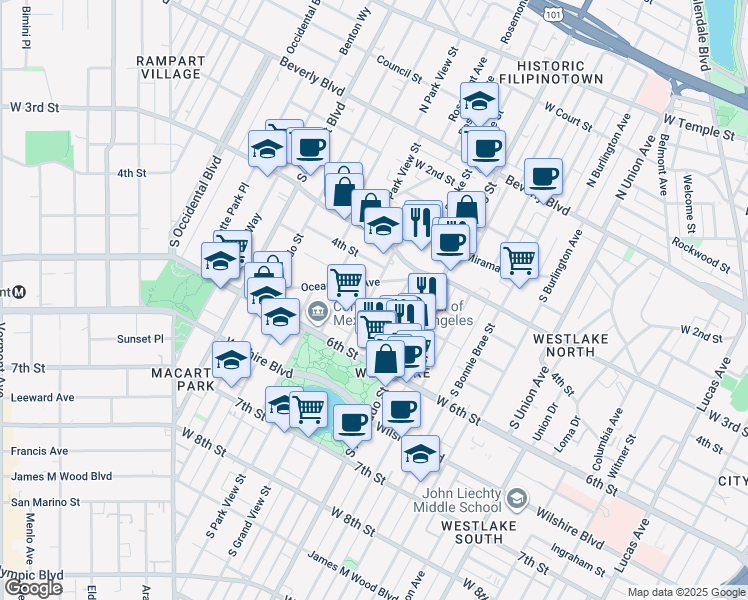 map of restaurants, bars, coffee shops, grocery stores, and more near 433 South Lake Street in Los Angeles