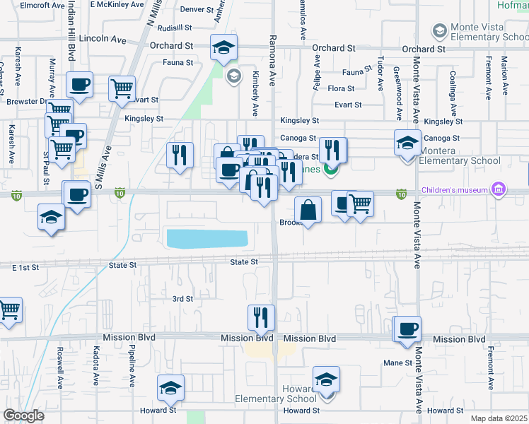 map of restaurants, bars, coffee shops, grocery stores, and more near 4460A Brooks Street in Montclair