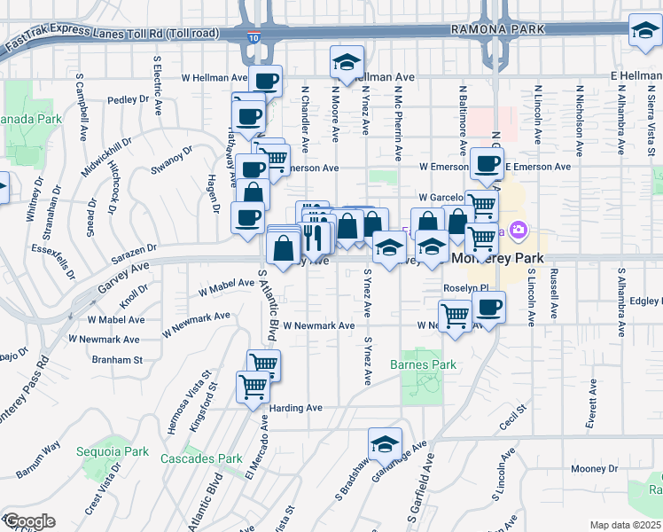 map of restaurants, bars, coffee shops, grocery stores, and more near 600 West Garvey Avenue in Monterey Park