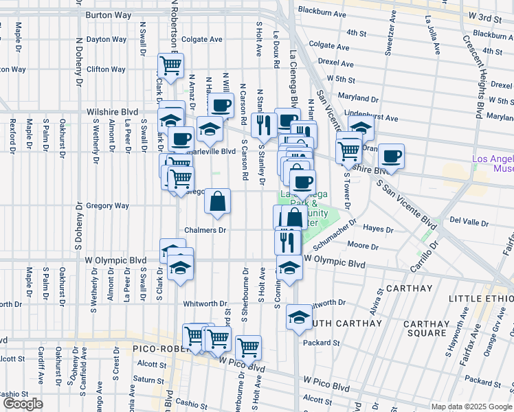 map of restaurants, bars, coffee shops, grocery stores, and more near 825 South Holt Avenue in Los Angeles
