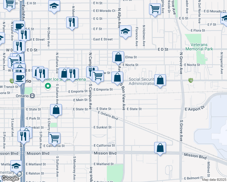 map of restaurants, bars, coffee shops, grocery stores, and more near 824 East Emporia Street in Ontario