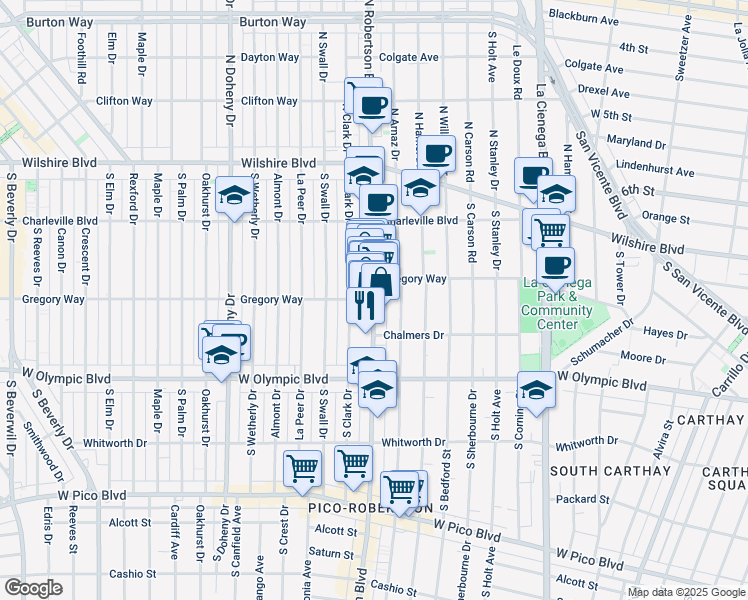 map of restaurants, bars, coffee shops, grocery stores, and more near S Robertson Blvd & Gregory Way in Los Angeles