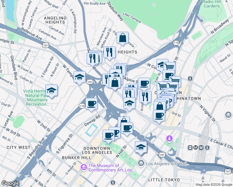 map of restaurants, bars, coffee shops, grocery stores, and more near 550 North Figueroa Street in Los Angeles