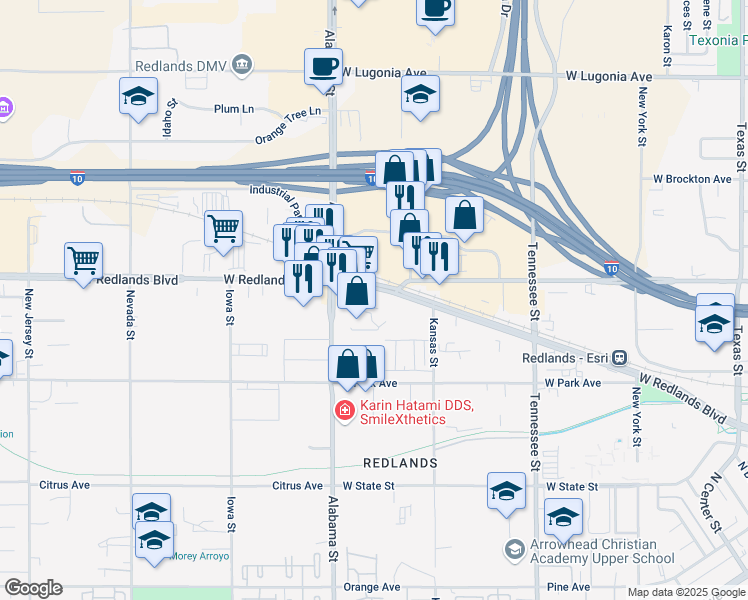map of restaurants, bars, coffee shops, grocery stores, and more near 1511 West Redlands Boulevard in Redlands