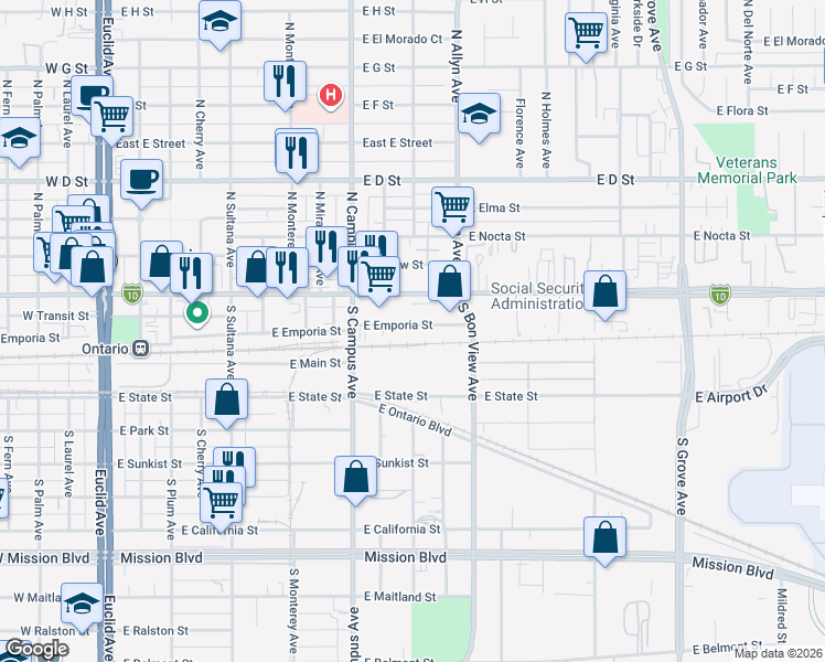 map of restaurants, bars, coffee shops, grocery stores, and more near 758 East Emporia Street in Ontario